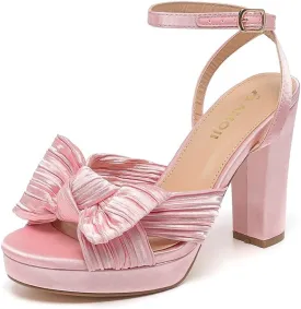 Amoji Women's Chunky Platform Heels 4'' Bowknot Heeled Sandal Wedding With Ankle Strap 302F4