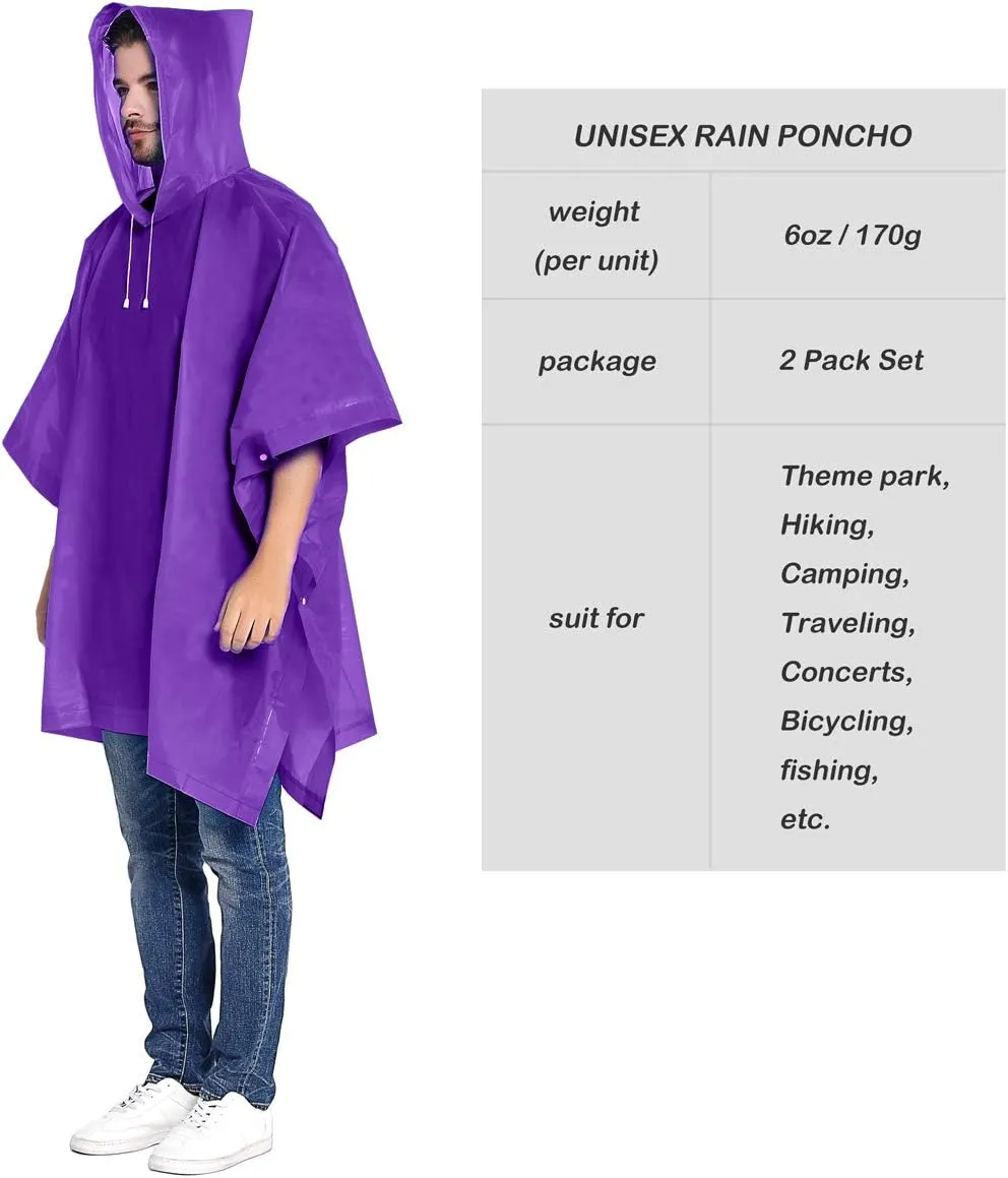 ANTVEE Reusable Rain Ponchos for Adult 2 Pack for Women and Men with Drawstring Hood