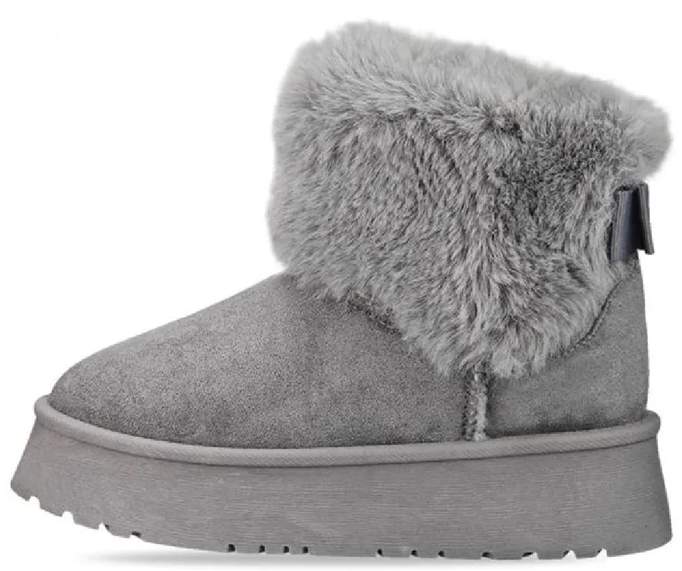 H.O.S Grey Faux Fur Lined Chunky Platform Bow Detailed Ankle Boots