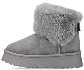 H.O.S Grey Faux Fur Lined Chunky Platform Bow Detailed Ankle Boots