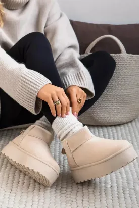 H.O.S Ultra Mini Beige Platform Womens Fur Lined Ankle Boots