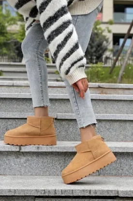 H.O.S Ultra Mini Chestnut Platform Womens Fur Lined Ankle Boots