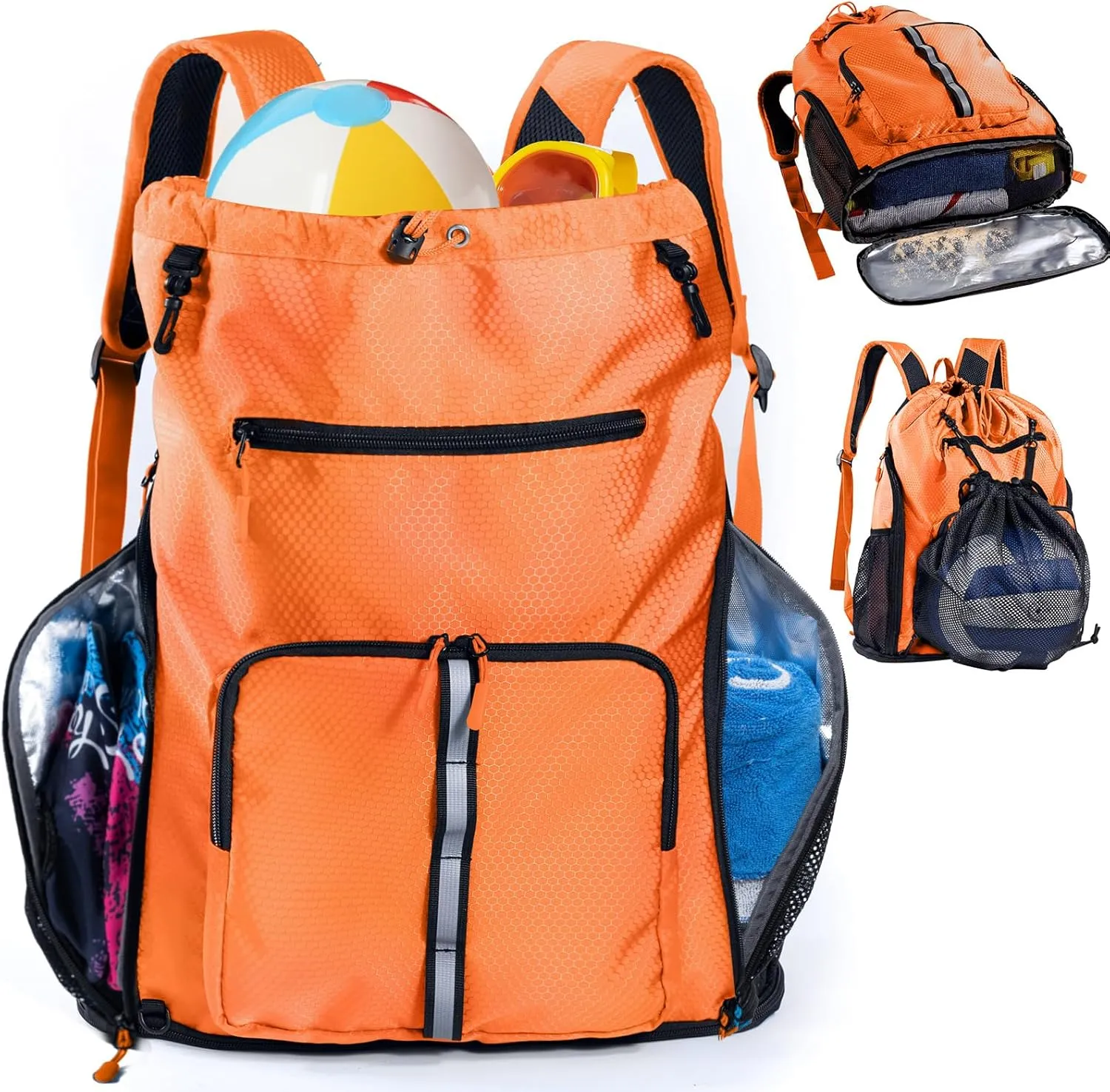 Large Beach Backpack Waterproof Sandproof - Customized Oversized Drawstring Pool Bag with Shoe Compartment for Toiletries, Towels, Gym, Travel