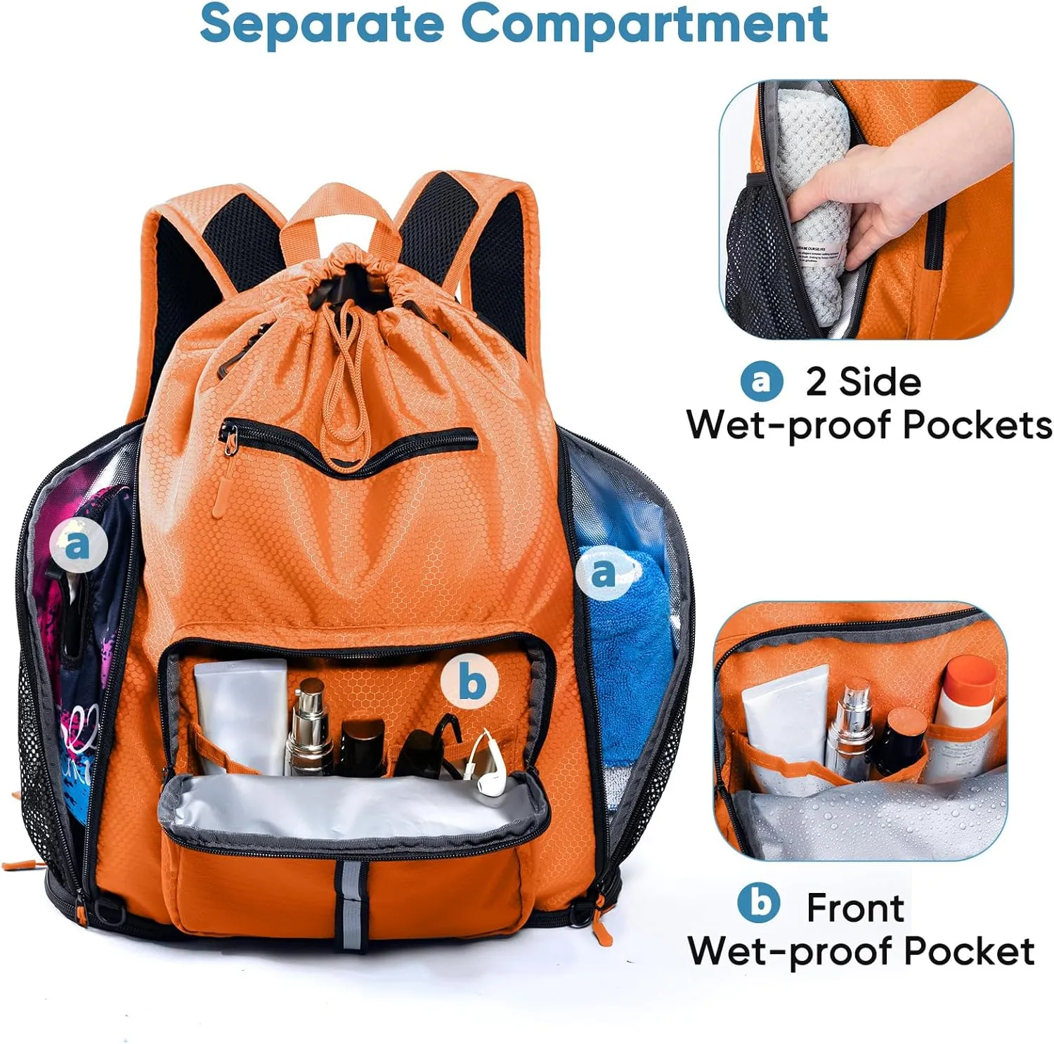 Large Beach Backpack Waterproof Sandproof - Customized Oversized Drawstring Pool Bag with Shoe Compartment for Toiletries, Towels, Gym, Travel