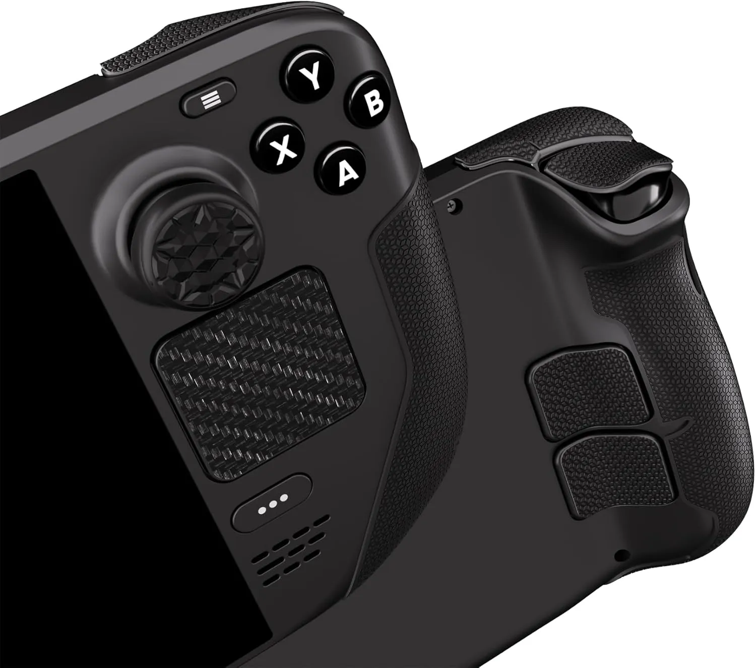 PlayVital Premium Split Handle Grips Soft Rubber Grip Pads for Steam Deck LCD & OLED, Trackpads Skin Grip Trigger Back Button Grip Stickers Set with Thumb Grip Caps - Hexagonal Diamond Textured Black