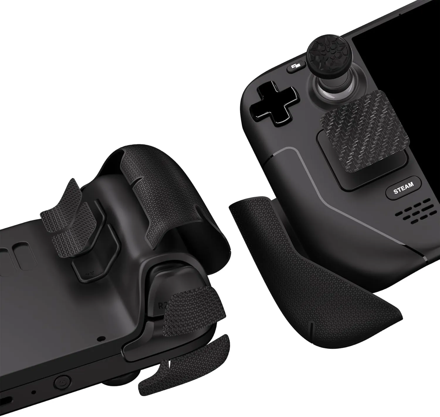 PlayVital Premium Split Handle Grips Soft Rubber Grip Pads for Steam Deck LCD & OLED, Trackpads Skin Grip Trigger Back Button Grip Stickers Set with Thumb Grip Caps - Hexagonal Diamond Textured Black