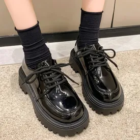 Rimocy Chunky Platform Oxfords Shoes for Women Autumn Non Slip Lace Up Flats Woman Thick Bottom Patent Leather Gothic Shoes