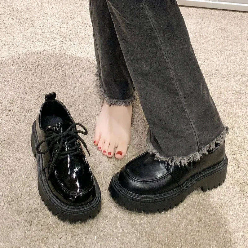 Rimocy Chunky Platform Oxfords Shoes for Women Autumn Non Slip Lace Up Flats Woman Thick Bottom Patent Leather Gothic Shoes