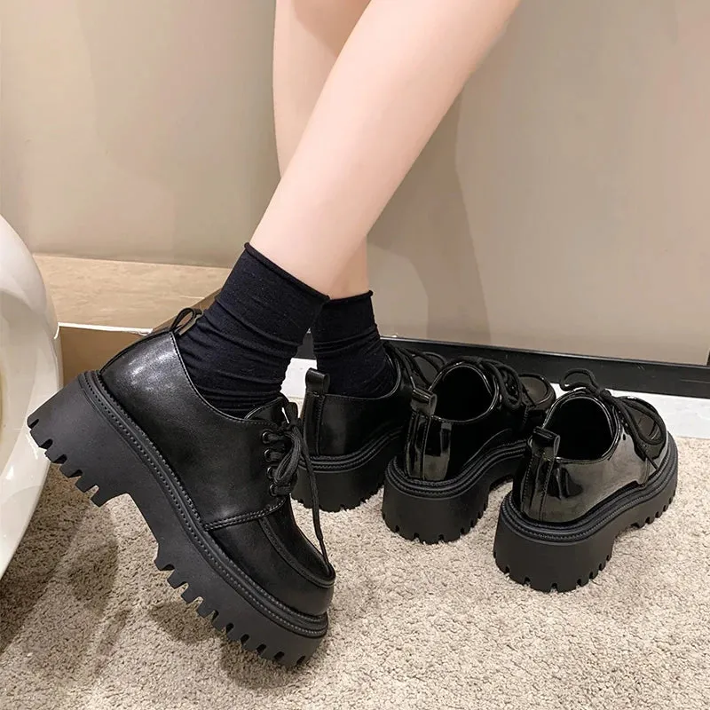 Rimocy Chunky Platform Oxfords Shoes for Women Autumn Non Slip Lace Up Flats Woman Thick Bottom Patent Leather Gothic Shoes