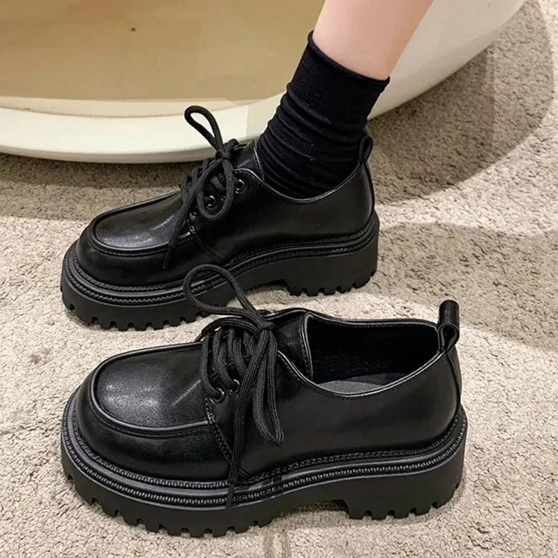 Rimocy Chunky Platform Oxfords Shoes for Women Autumn Non Slip Lace Up Flats Woman Thick Bottom Patent Leather Gothic Shoes