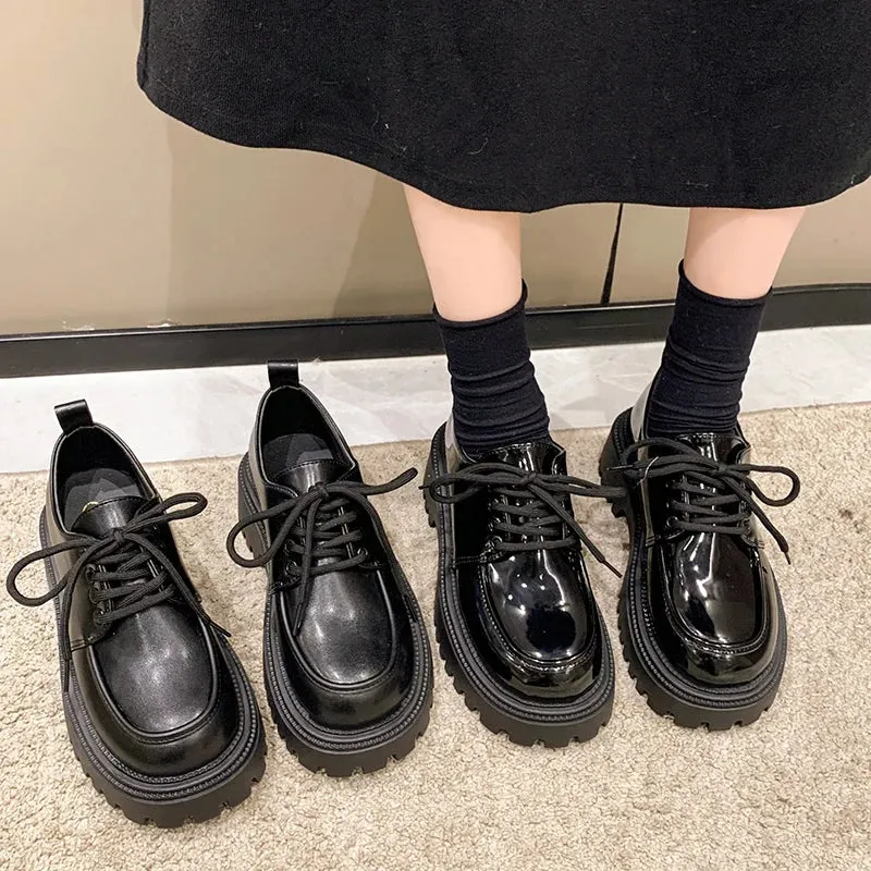 Rimocy Chunky Platform Oxfords Shoes for Women Autumn Non Slip Lace Up Flats Woman Thick Bottom Patent Leather Gothic Shoes