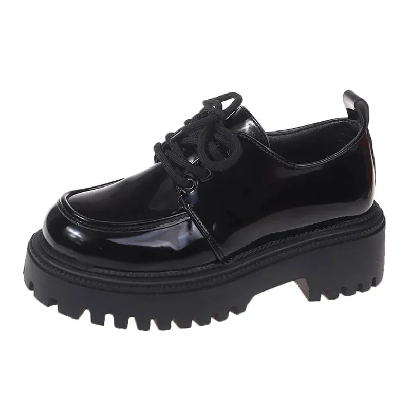 Rimocy Chunky Platform Oxfords Shoes for Women Autumn Non Slip Lace Up Flats Woman Thick Bottom Patent Leather Gothic Shoes