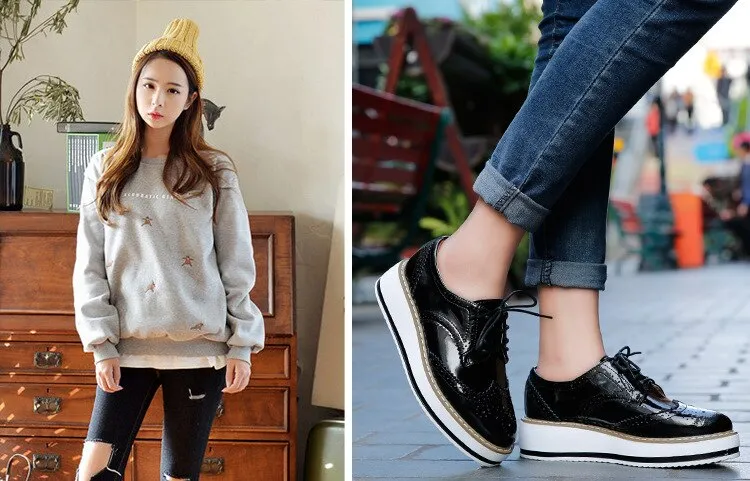 Spring Autumn Flat Oxford Shoes For Women Platform Shoes Woman Brogue Patent Leather Flats Lace Up Women Shoes Female