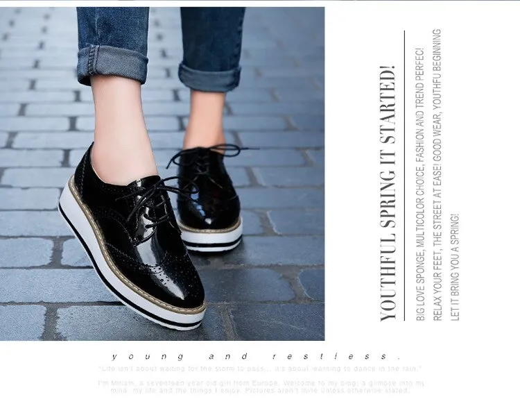 Spring Autumn Flat Oxford Shoes For Women Platform Shoes Woman Brogue Patent Leather Flats Lace Up Women Shoes Female