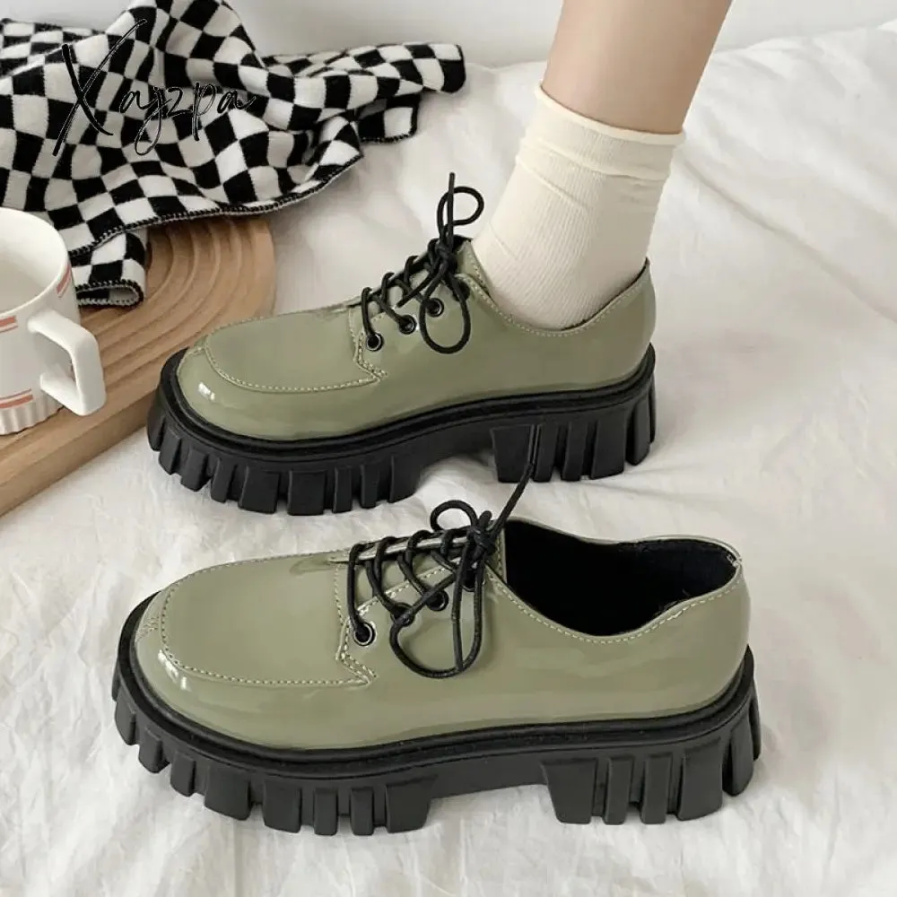Xajzpa - Patent Leather Platform Oxford Shoes for Women Spring Casual Lace Up Flats Woman Black Chunky Shoes Zapatillas Mujer