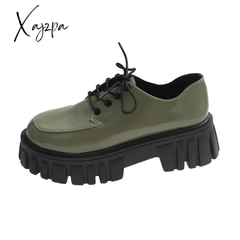 Xajzpa - Patent Leather Platform Oxford Shoes for Women Spring Casual Lace Up Flats Woman Black Chunky Shoes Zapatillas Mujer