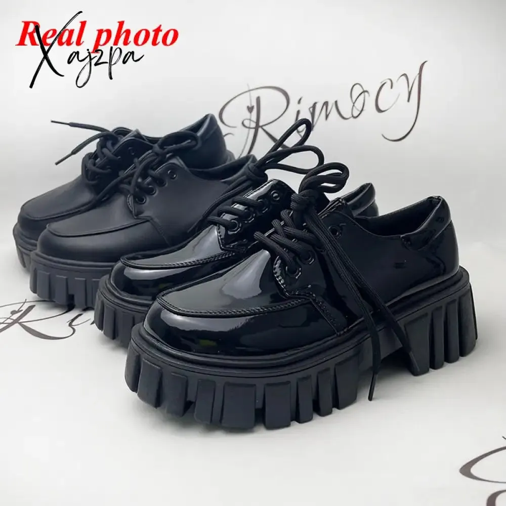 Xajzpa - Patent Leather Platform Oxford Shoes for Women Spring Casual Lace Up Flats Woman Black Chunky Shoes Zapatillas Mujer
