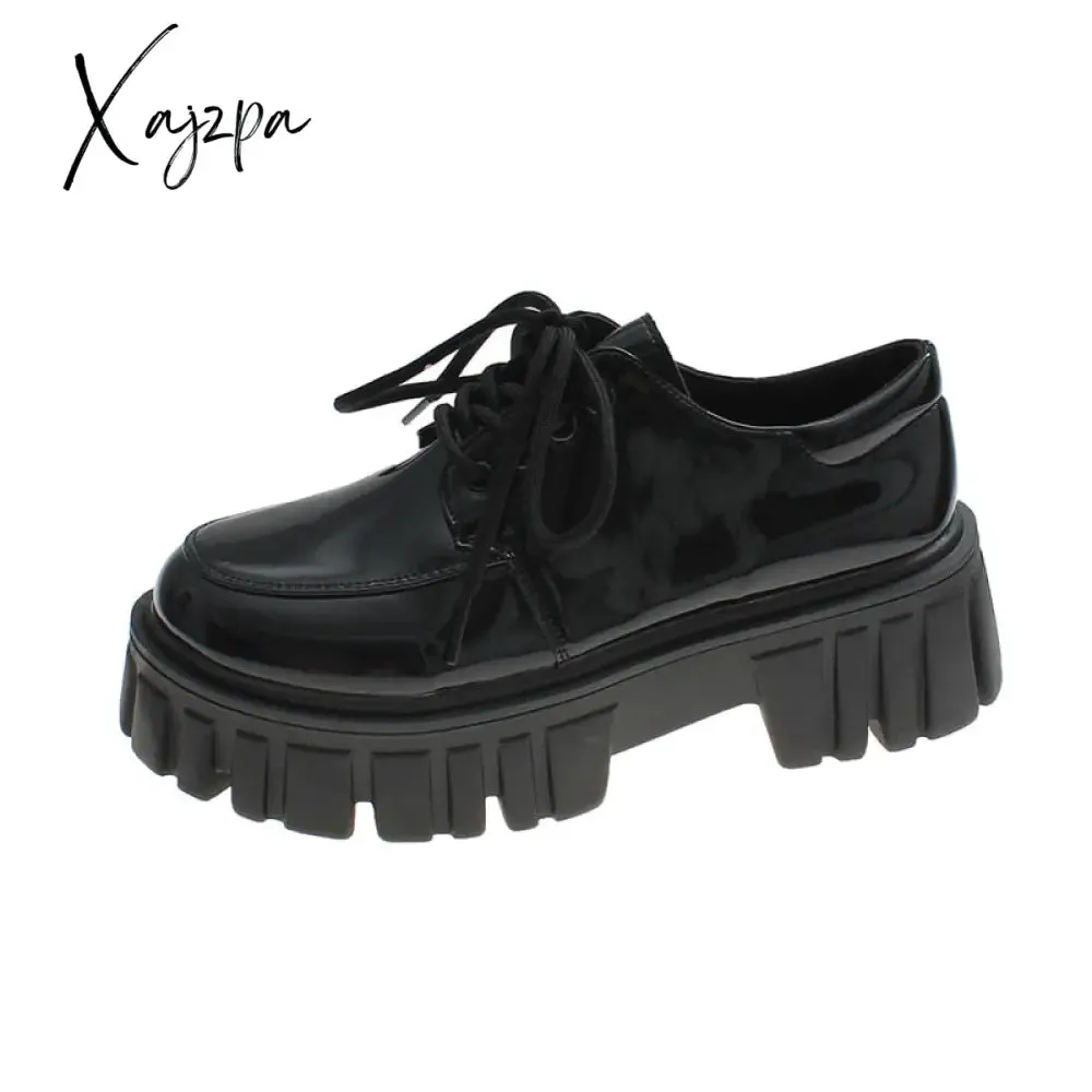 Xajzpa - Patent Leather Platform Oxford Shoes for Women Spring Casual Lace Up Flats Woman Black Chunky Shoes Zapatillas Mujer
