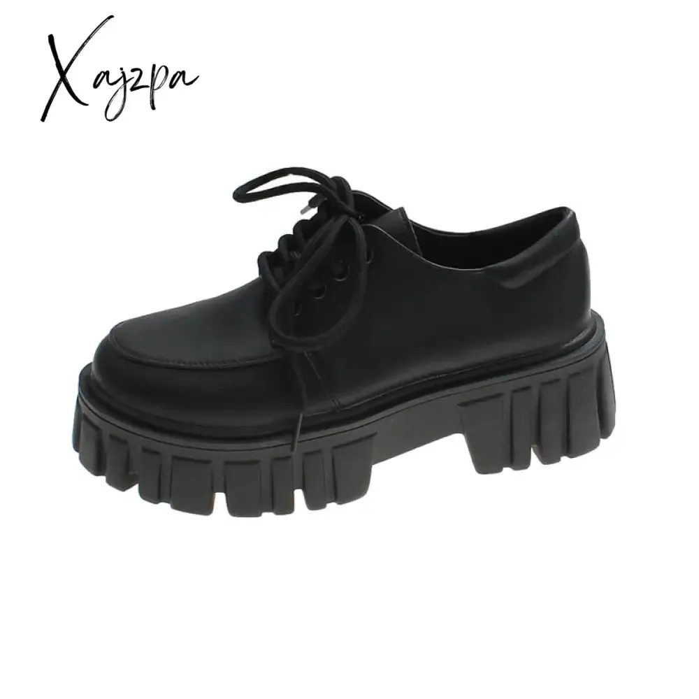 Xajzpa - Patent Leather Platform Oxford Shoes for Women Spring Casual Lace Up Flats Woman Black Chunky Shoes Zapatillas Mujer