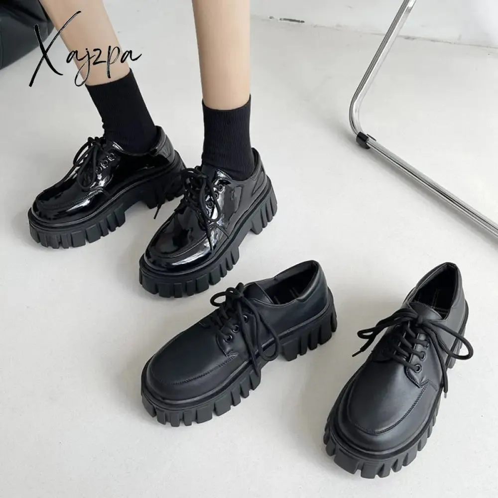 Xajzpa - Patent Leather Platform Oxford Shoes for Women Spring Casual Lace Up Flats Woman Black Chunky Shoes Zapatillas Mujer